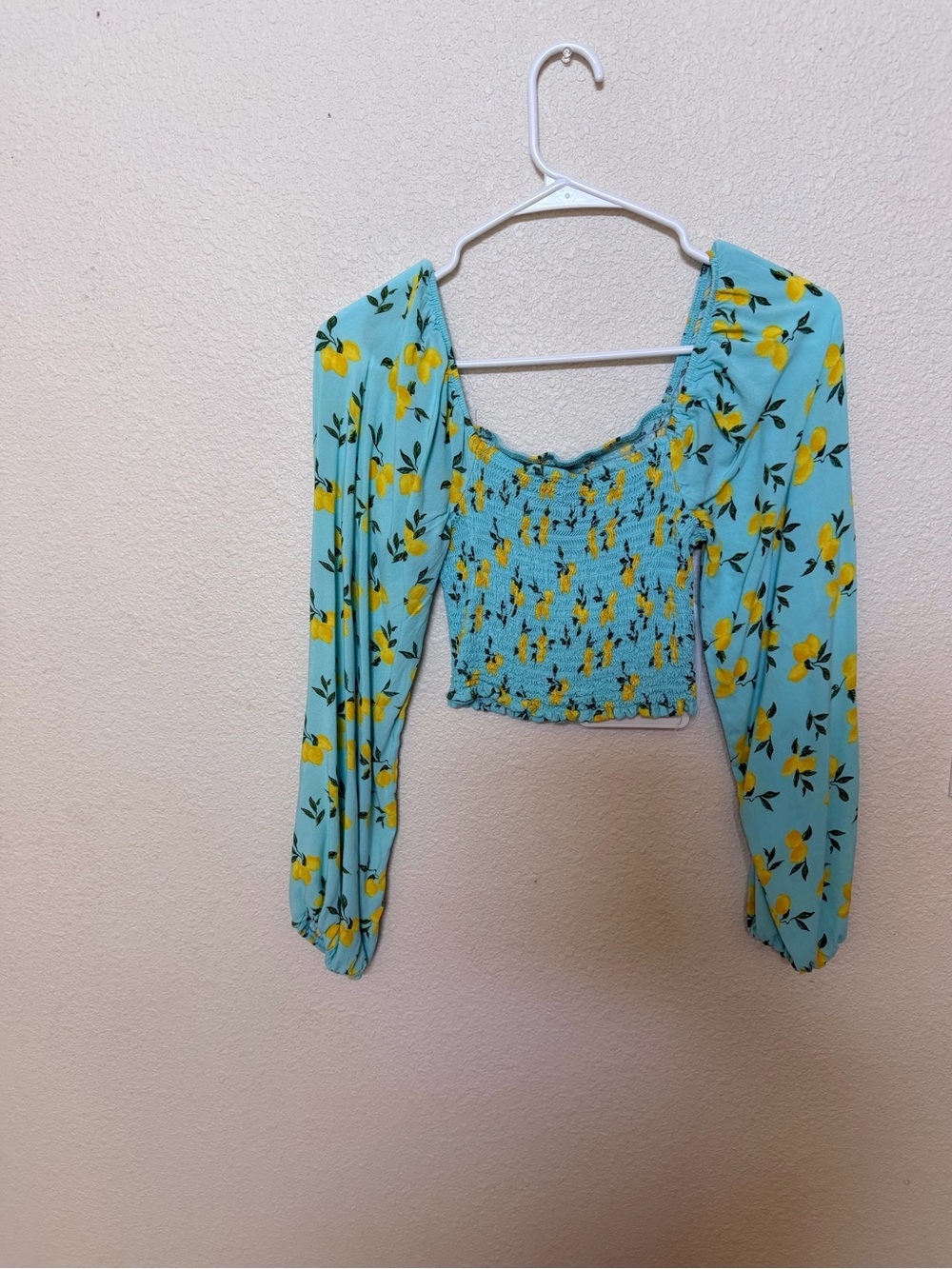 Rue21 Light Blue Lemon Print Smocked Long Sleeve Crop Blouse